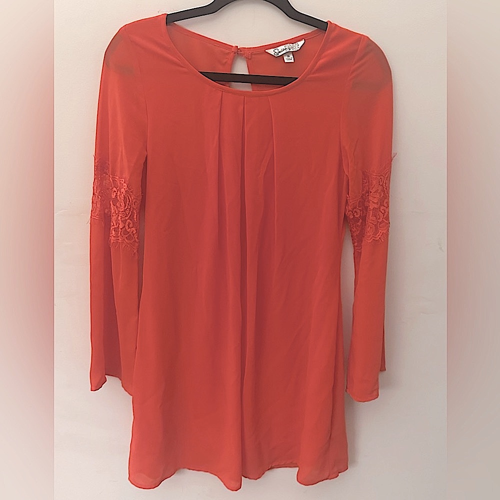 Flare lace detail long sleeve dress circle neckline flare shift with cutout